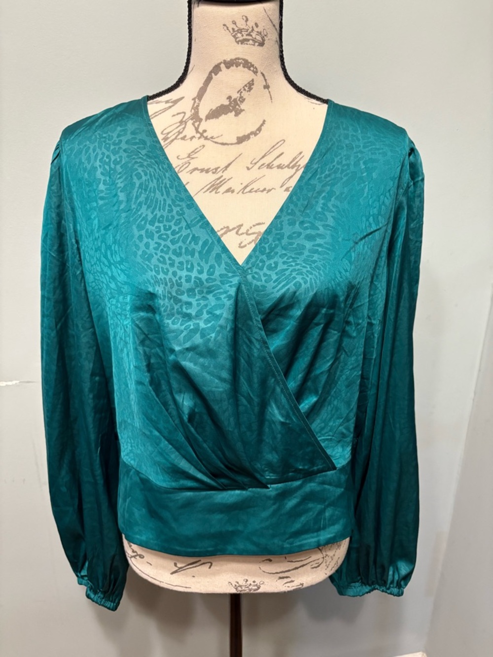Rachel Zoe Teal Wrap Blouse with Subtle Animal Jacquard
